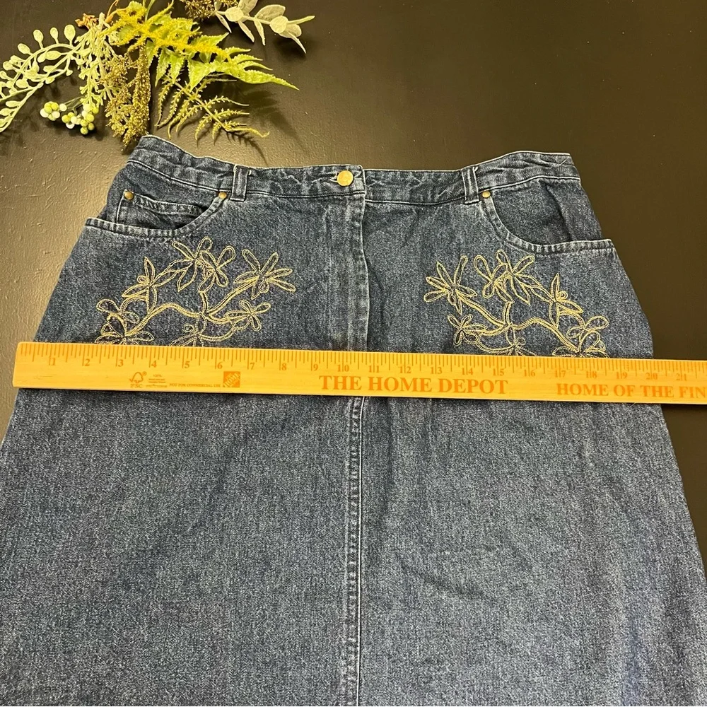 Westbound Y2k Blue Denim Floral Embroidery Straight Knee Length Jean Skirt Sz 14